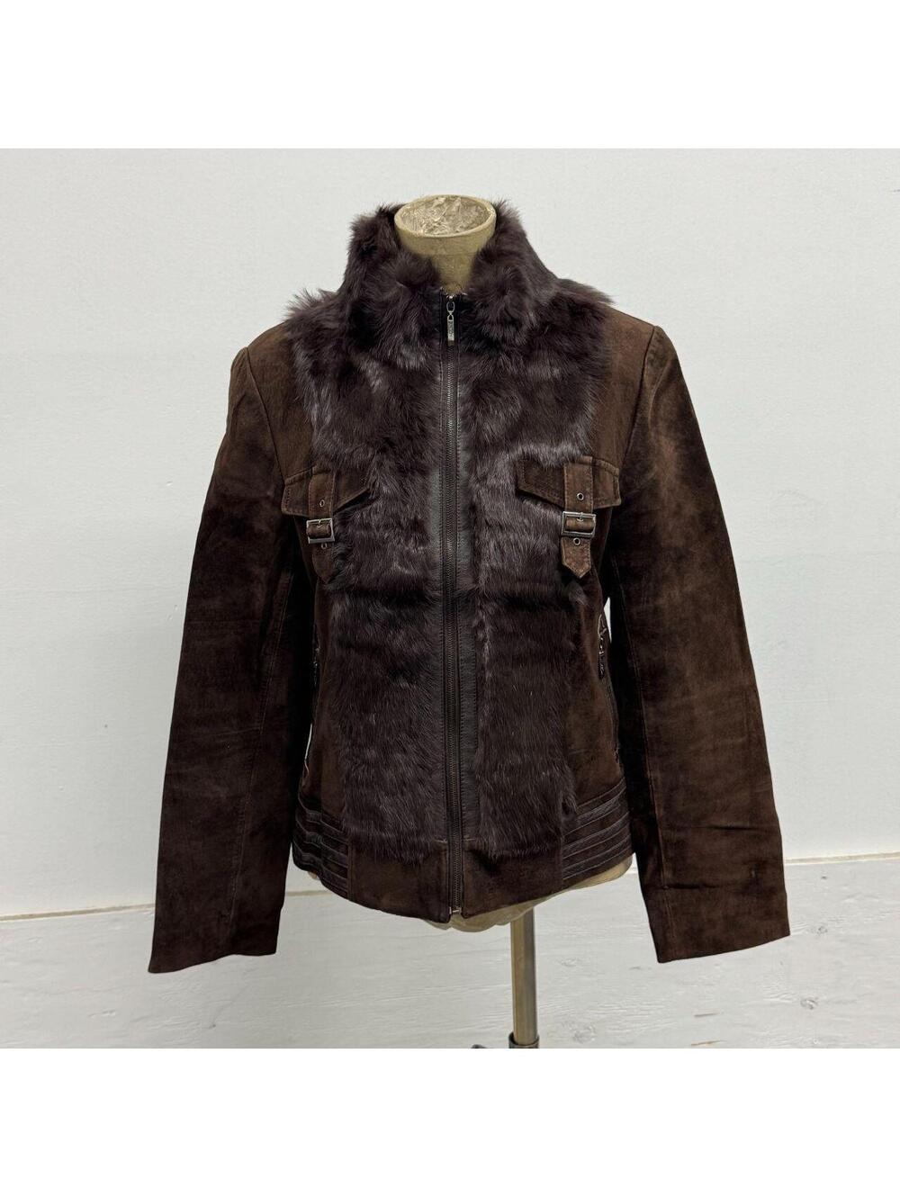 Vintage Y2K Chocolate Brown Suede & Real Rabbit Fur Moto Jacket